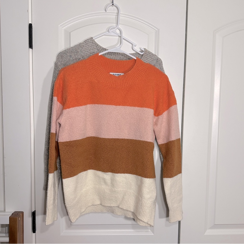 Old Navy XS Sweater Bundle, Striped Crewneck, Gray Multicolor V-neck